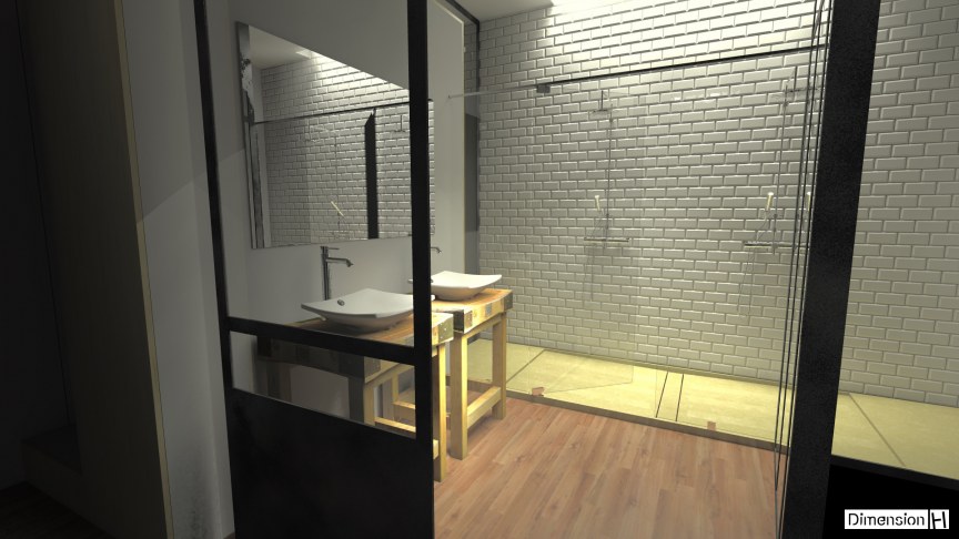Salle de bain atypique paroies vitrage atelier bac à douche Quartz Silestone Tigris Sand meuble billot de boucher