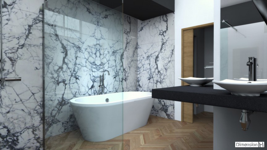 Salle de bains avec habillage mural en marbre Paonazzo avec baignoire posée