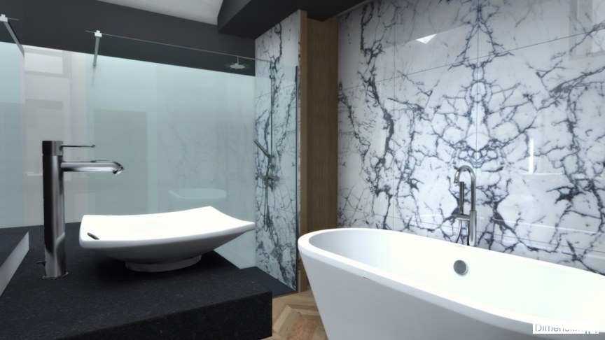 Salle de bains avec habillage mural en marbre Paonazzo avec baignoire posée et douche