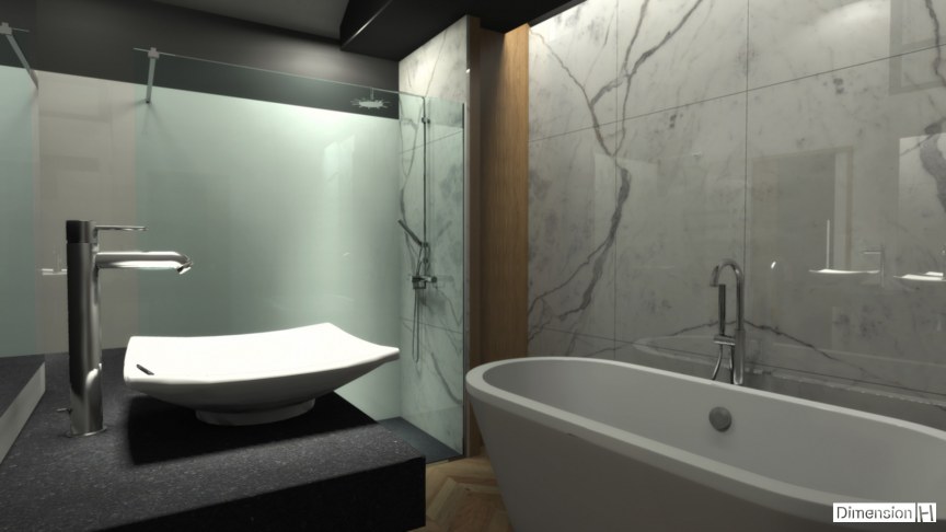 Salle de bains avec habillage mural en marbre Statuaire avec baignoire posée et douche de nuit