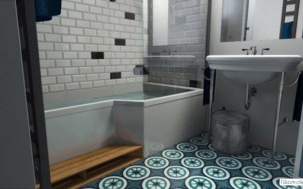 Salle de bains 4 m² carreaux de ciment, faience métro blanche et noire