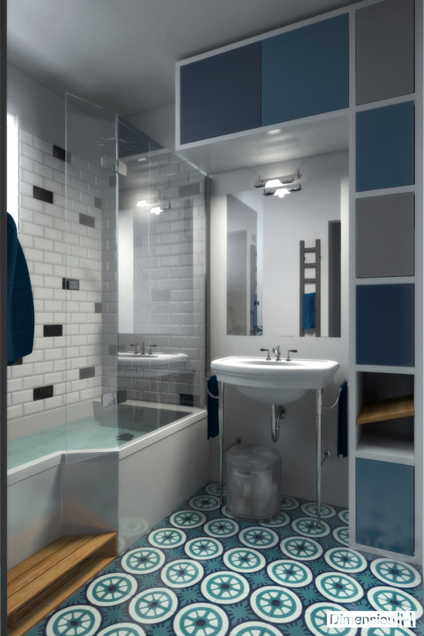 Salle de bains 4 m² carreaux de ciment, faience métro blanche et noire